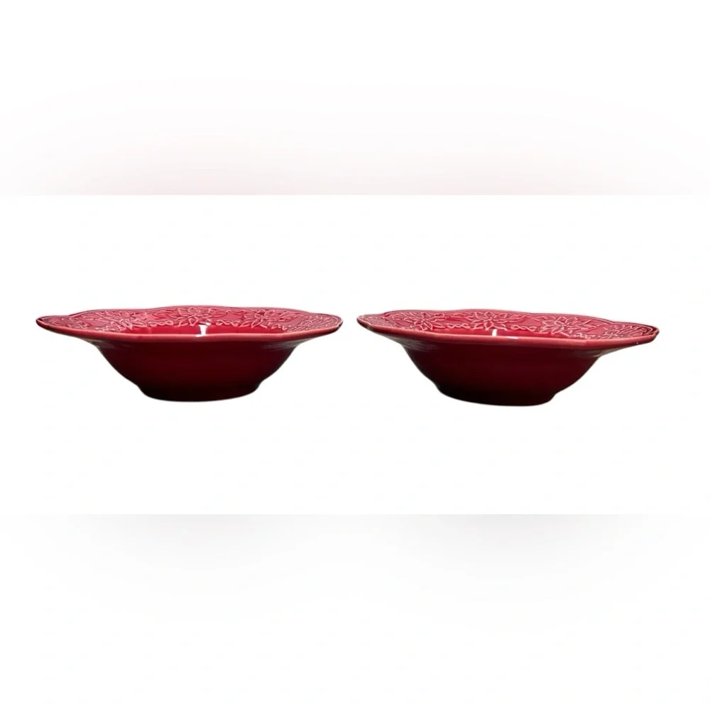 2 Bowls Bordallo Pinheiro Poinsettia Christmas Red Soup‎ Salad Bowl